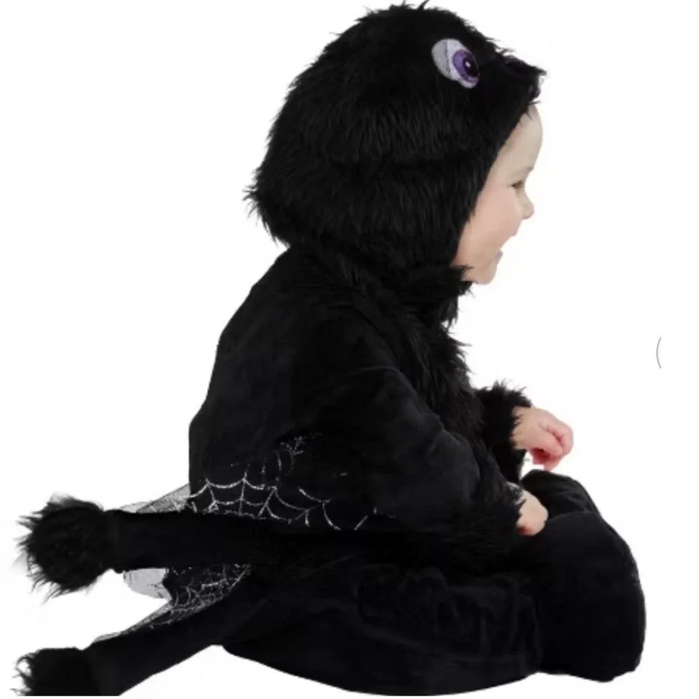 Infant Spider Costume Black Fuzzy Hooded Jumpsuit 12-18 Months Halloween NWT